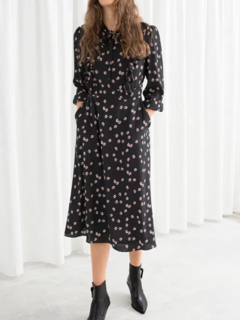 & OTHER STORIES Floral Printed Ruffle Bib Midi Dress